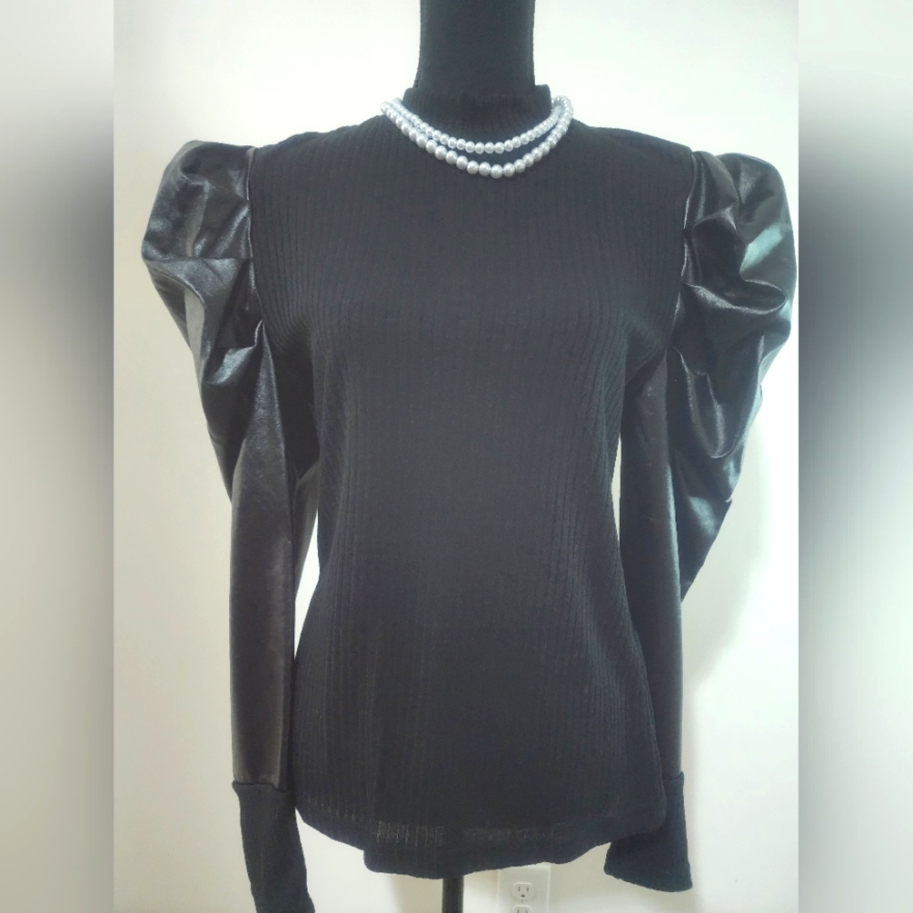 Black Leather Puff Sleeve Top